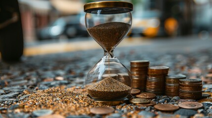 Hourglass of Time Transforming Sand into Coins on City Street: The Modern Revelation of Time is Money Concept Generative AI