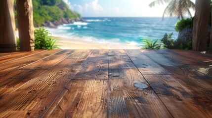 Close-up of New Brown Matte Oak Texture Laminate Flooring against a Blurred Beach Scene Backdrop Generative AI - obrazy, fototapety, plakaty