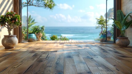 Close-up of New Brown Matte Oak Texture Laminate Flooring against a Blurred Beach Scene Backdrop Generative AI