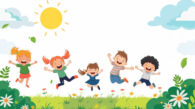 Cute cartoon children's illustration style, several kids jumping happily in the sun on green grass with white background, colorful cartoon characters.