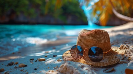 Tropical Close-Up: Straw Hat, Sunglasses, and Sandy Beach at Morning Sun Generative AI