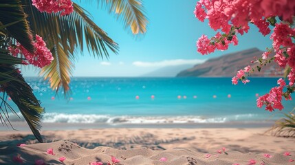 Palm-Lined Beach of Puerto del Carmen in Lanzarote, Canary Islands, Spain Generative AI