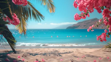 Foto auf Acrylglas Palm-Lined Beach of Puerto del Carmen in Lanzarote, Canary Islands, Spain Generative AI © Alex