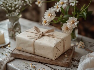 A white box with a brown ribbon sits on a wooden table