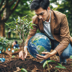 Person planting a tree while holding the planet in their hand - obrazy, fototapety, plakaty
