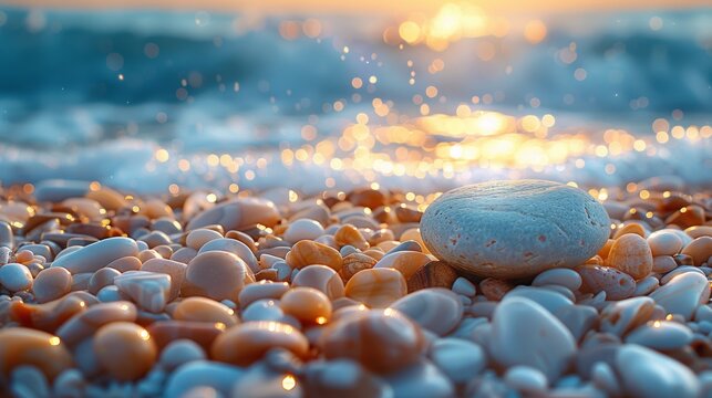 Defocused Sunlight and Bokeh Nature Background: Beach Stones and Water Generative AI
