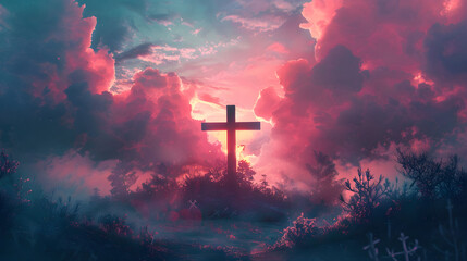 An illustration of a cross with Jesus on it against a spiritual background. It represents Christianity and faith. Suitable for religious events and worship. - obrazy, fototapety, plakaty