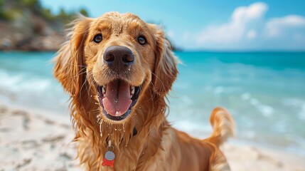 Obraz premium Family Traveling with Golden Retriever on Beach in Classic Car Generative AI