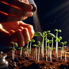 A person's hands carefully sprinkling soil around tender young plants, symbolizing growth and care. The seedlings are bathed in warm light, emphasizing the nurturing environment essential for growth - obrazy, fototapety, plakaty