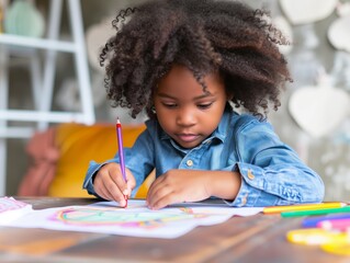 A young girl is drawing a picture of flowers on a piece of paper