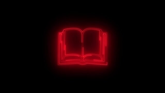 Neon glowing red book icon animation in black background