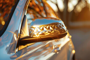 A close-up of a luxury car's rear-view mirror, its unique design creating an abstract pattern in...