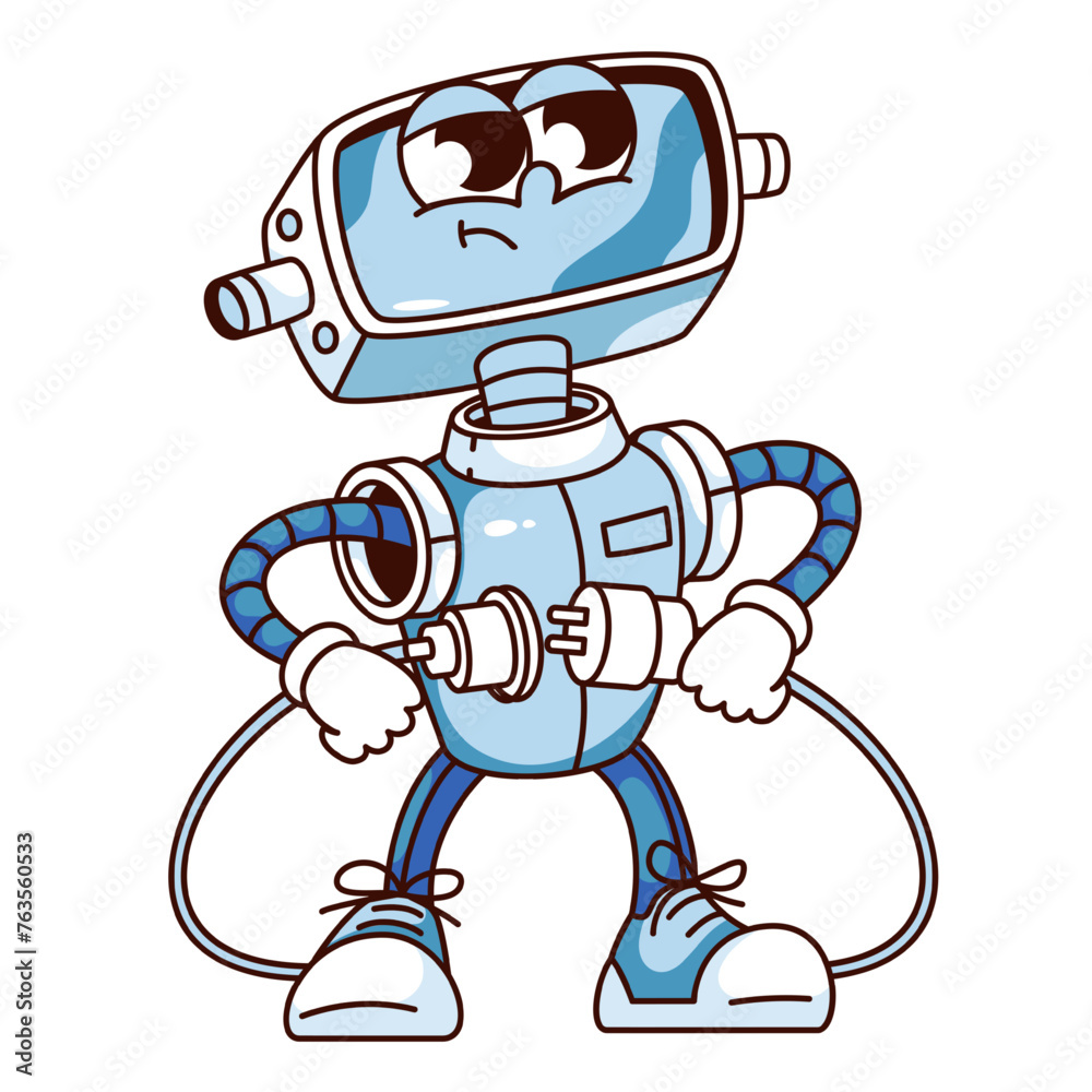 Wall mural groovy robot cartoon character holding plug and socket to connect. funny retro android repairing net