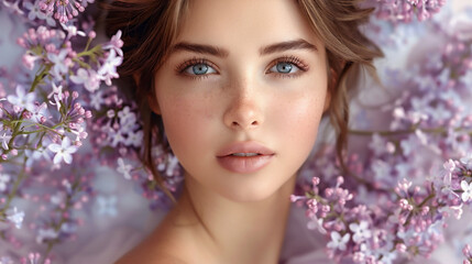 Close up beautiful young woman portrait with lilac flowers.