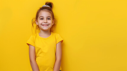Garota de 8 anos isolada no fundo amarelo  - obrazy, fototapety, plakaty