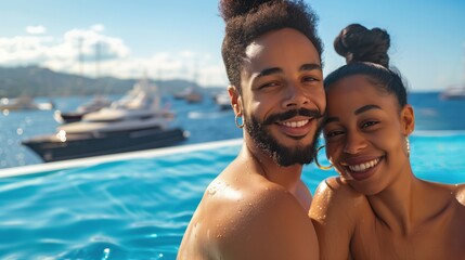 Smiling couple embracing in infinity pool with yacht harbor view. Joyful vacation and romantic...