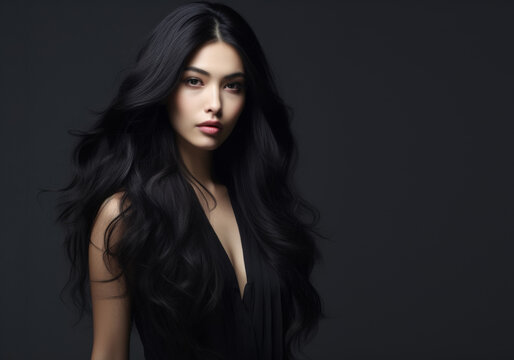 a beautiful woman blowing her long black hair on a grey background, concept of Beauty and hair care with keratin. Generative AI.