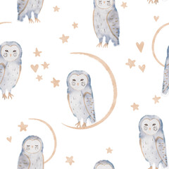 Cute seamless pattern with owls, stars and hearts. Watercolor illustration
