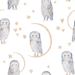Fotobehang Aquarel prints Cute seamless pattern with owls, stars and hearts. Watercolor illustration