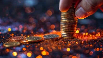Financial Stability: Hand Stacking Coins on a Dark Background with Glittering Lights Generative AI