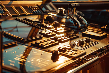 A close-up of a luxury yacht's helm, its intricate controls creating an abstract pattern in the warm light