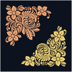 Abstract floral ornament on a black background. Two corner options