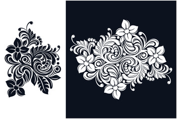Abstract floral ornament on a white and black background