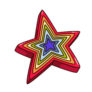 Groovy cartoon rainbow star with frames of different colors. Funny retro five pointed star with hippie vibe, space and galaxy mascot, cartoon emoji and sticker of 70s 80s style vector illustration