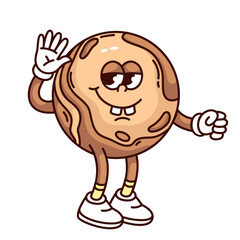 Groovy Mercury cartoon character greeting with hand up. Funny retro brown planet of Solar system with smile and teeth, astronomy mascot, cartoon Mercury sticker of 70s 80s style vector illustration
