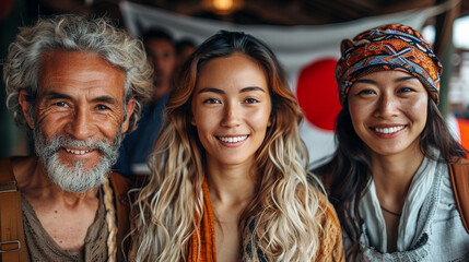 group of diverse japanese people,men and women, background of japanese flag - obrazy, fototapety, plakaty