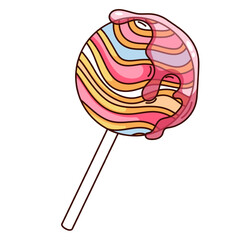 Groovy cartoon lollipop with psychedelic wavy line pattern. Funny retro candy lollipop with glaze, sweet illusion mascot, cartoon sticker of sweet globe on stick in 70s 80s style vector illustration