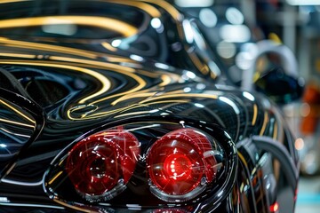 Detailed close-up view of the intricate design and shine of the tail lights on a sports car