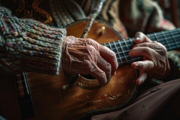 Close-up of an elderly womans hands playing a guitar
