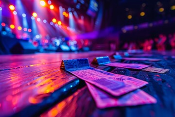 Concert tickets and wristbands in pink and blue colors arranged neatly on a wooden table, representing excitement and anticipation for a live music experience - obrazy, fototapety, plakaty