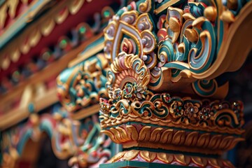 A detailed closeup showcasing the colorful and ornate decorations on a roof, part of a temple or shrine during a religious festival, highlighting the spiritual and cultural significance of the event - obrazy, fototapety, plakaty