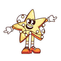 Fototapeta premium Groovy happy star cartoon character with light bulb garland. Funny retro yellow star laughing at fun party, comic space and galaxy mascot, cartoon sticker of 70s 80s style vector illustration