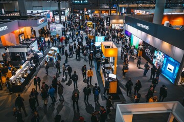 High-angle view of a bustling tech conference hall filled with people standing around, engaging in discussions and networking during the event - obrazy, fototapety, plakaty