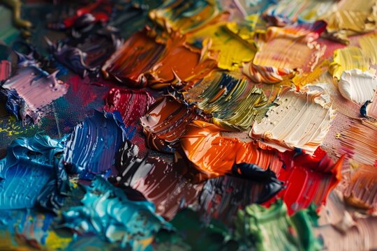 A detailed close up of a palette of paint showcasing colorful strokes and mixing, illustrating artistic expression and creativity