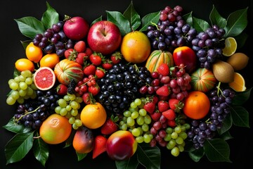 Various ripe fruits displayed on a black background, showcasing their vibrant colors and natural beauty in food photography - obrazy, fototapety, plakaty