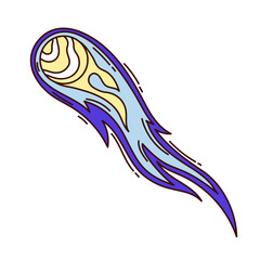 Groovy cartoon flying comet with fire tail. Funny retro fast meteor of meteoroid shower with flame and dust trail, fantasy space mascot, cartoon comet sticker of 70s 80s style vector illustration © Victoria Sergeeva