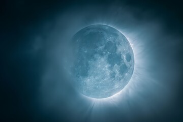 A bright blue moon shines against the dark sky, creating a stunning celestial sight