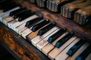 A detailed close-up view of the keys on an old piano, showcasing the worn-out texture and intricate...
