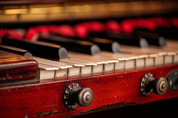 Detailed close-up shot of a vibrant red piano keyboard, showcasing the intricate design and craftsmanship of the musical instrument