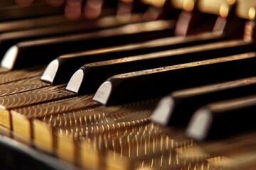 Detailed view of a piano keyboard showing keys, black and white colors, musical instrument, musical...
