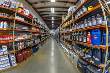 Panoramic view of an auto parts store filled with various automotive maintenance products and accessories on neatly arranged shelves - obrazy, fototapety, plakaty