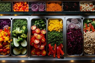 A display case showcasing an assortment of fresh and colorful vegetables, promoting healthy eating choices - obrazy, fototapety, plakaty
