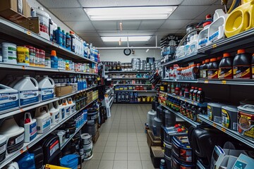 A bustling auto parts store filled with various automotive maintenance products and accessories on neatly arranged shelves - obrazy, fototapety, plakaty