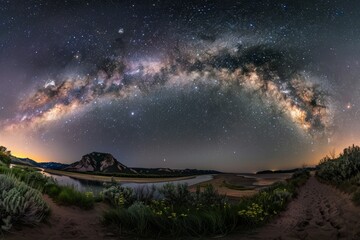 A panoramic view of the Milky Way galaxy arching over a lake and mountains, showcasing the grandeur of the cosmos
