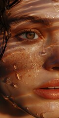 close up of a wet model face in the summer