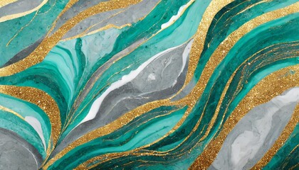 abstract background of marble texture marbled with wavy veins of turquoise gold and silver gold...